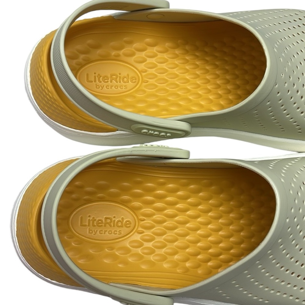 CROCS Women's Sage Green and Yellow Slip-On Clogs - Picture 5 of 11